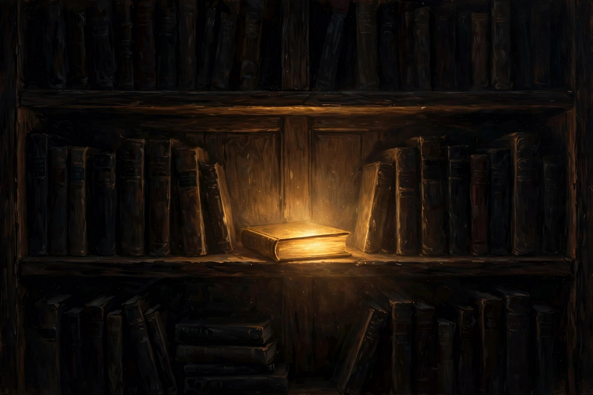 Satu buku bercahaya lembut di rak gelap